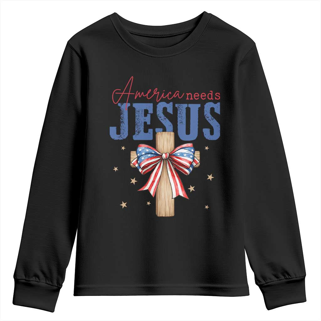 Funny America Needs Jesus Youth Sweatshirt 4th Of July Patriotic Christian Coquette Bow - Wonder Print Shop