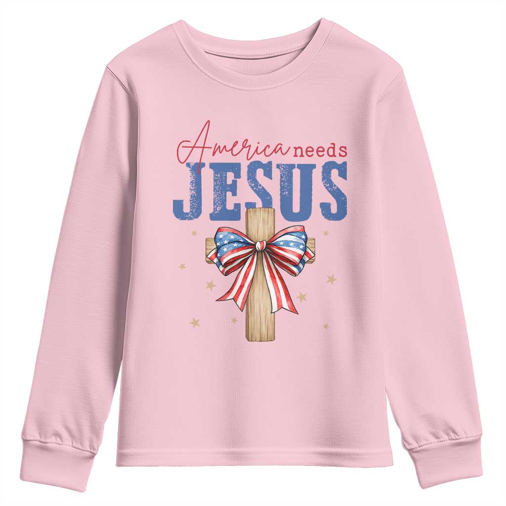 Funny America Needs Jesus Youth Sweatshirt 4th Of July Patriotic Christian Coquette Bow - Wonder Print Shop