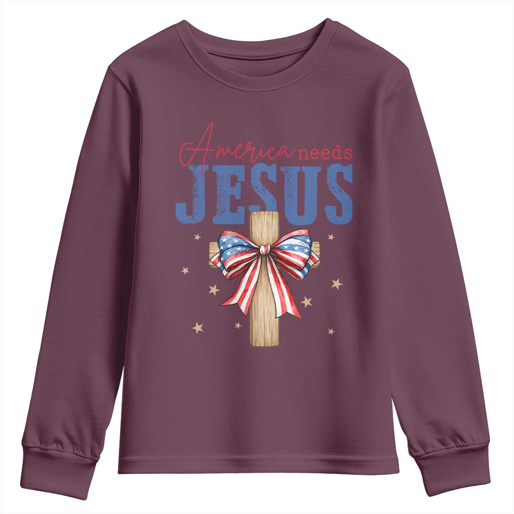 Funny America Needs Jesus Youth Sweatshirt 4th Of July Patriotic Christian Coquette Bow - Wonder Print Shop