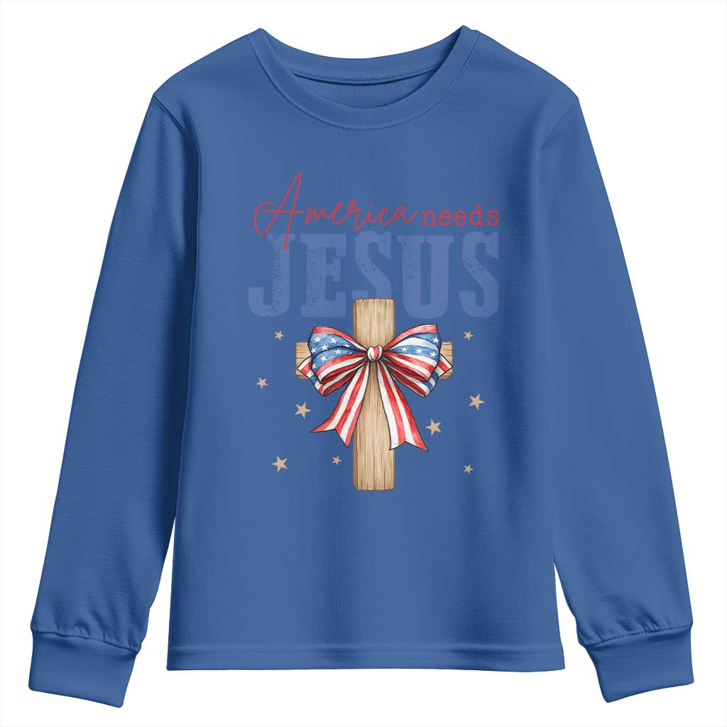 Funny America Needs Jesus Youth Sweatshirt 4th Of July Patriotic Christian Coquette Bow - Wonder Print Shop