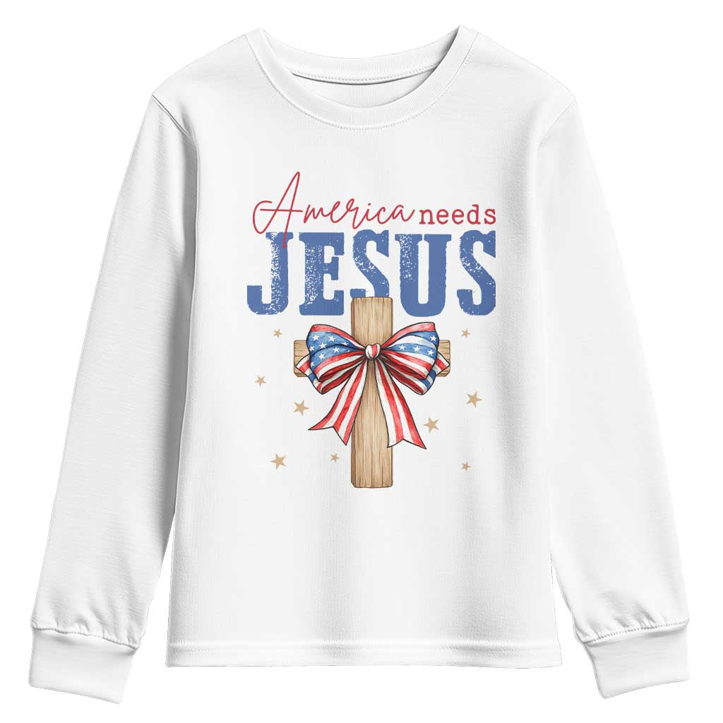 Funny America Needs Jesus Youth Sweatshirt 4th Of July Patriotic Christian Coquette Bow - Wonder Print Shop