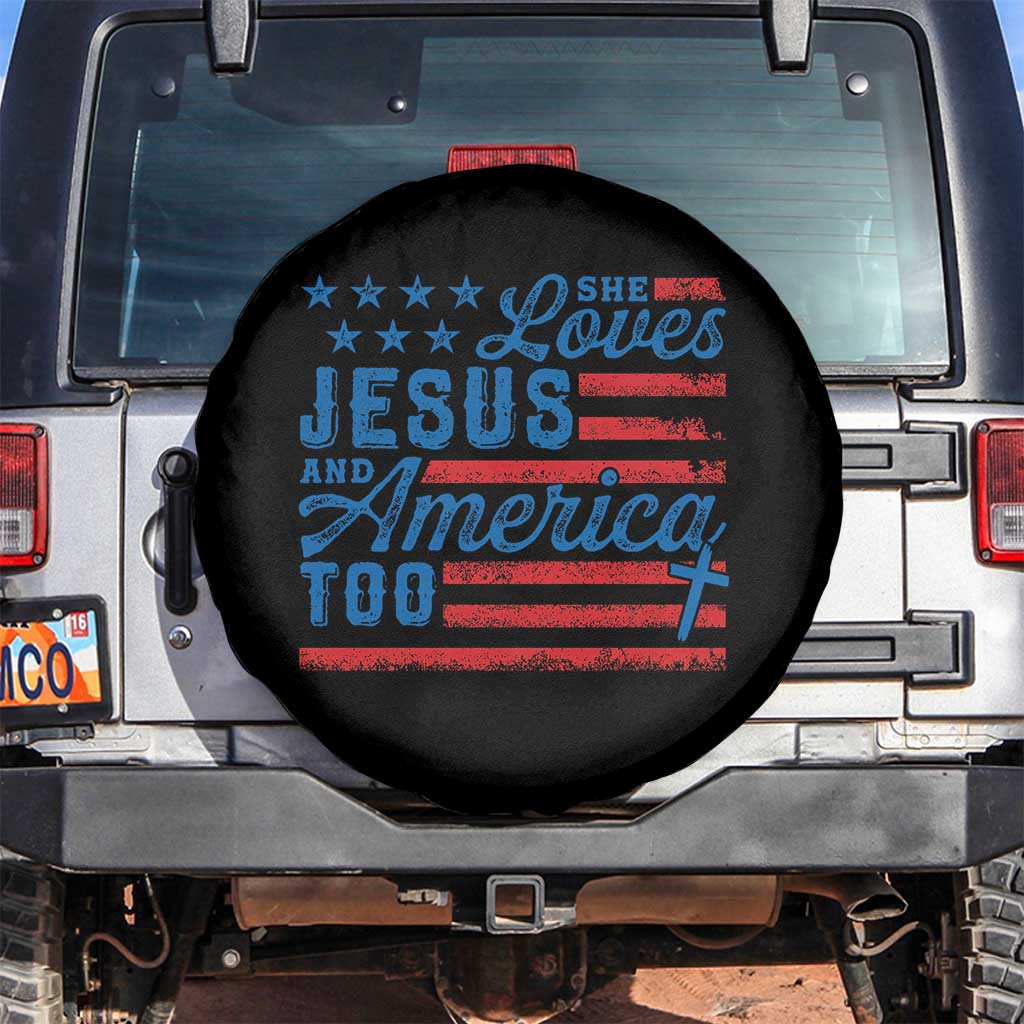 Funny She Loves Jesus And America Too Spare Tire Cover 4th Of July Christian American Flag - Wonder Print Shop
