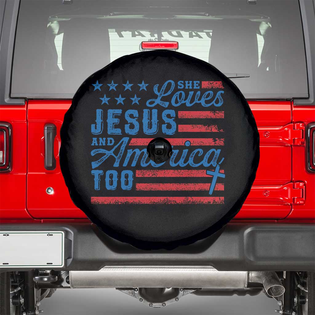 Funny She Loves Jesus And America Too Spare Tire Cover 4th Of July Christian American Flag - Wonder Print Shop