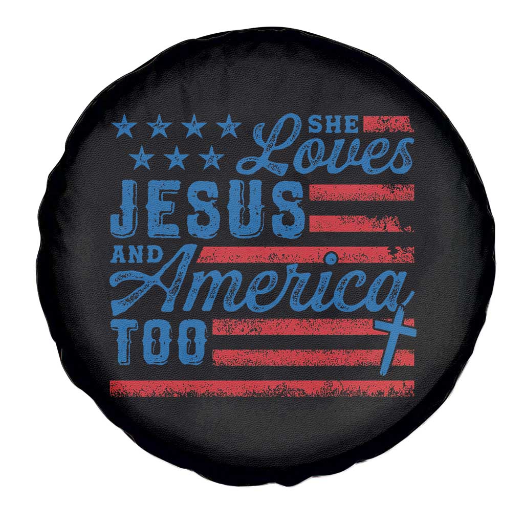 Funny She Loves Jesus And America Too Spare Tire Cover 4th Of July Christian American Flag - Wonder Print Shop