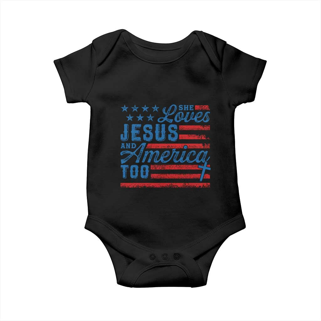Funny She Loves Jesus And America Too Baby Onesie 4th Of July Christian American Flag - Wonder Print Shop