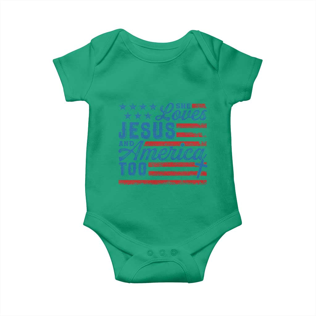 Funny She Loves Jesus And America Too Baby Onesie 4th Of July Christian American Flag - Wonder Print Shop