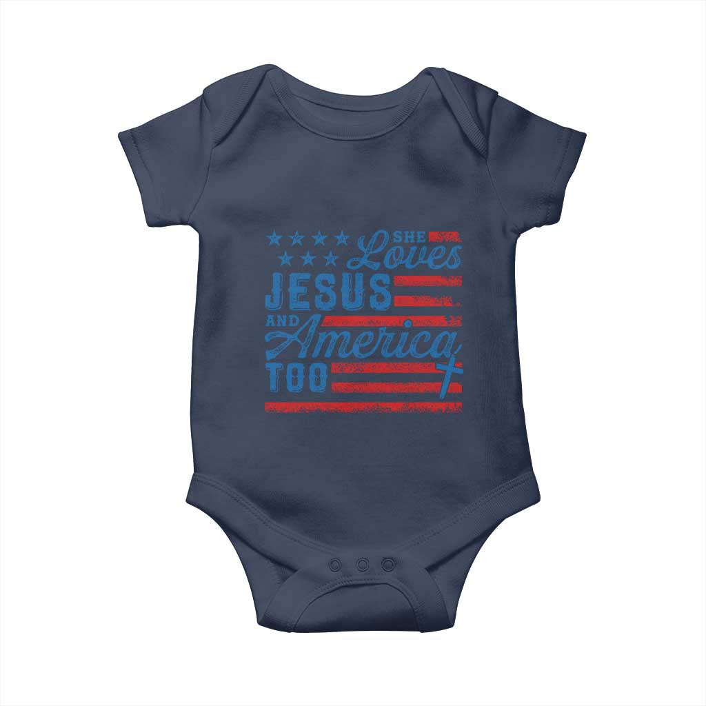 Funny She Loves Jesus And America Too Baby Onesie 4th Of July Christian American Flag - Wonder Print Shop