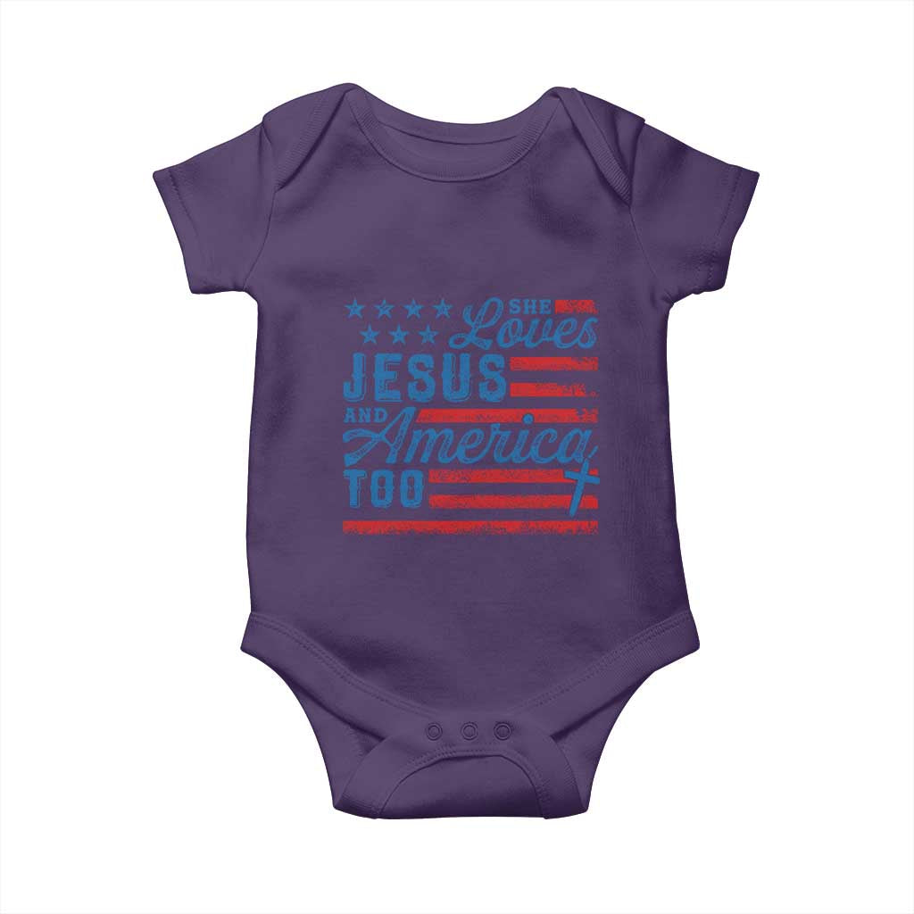 Funny She Loves Jesus And America Too Baby Onesie 4th Of July Christian American Flag - Wonder Print Shop