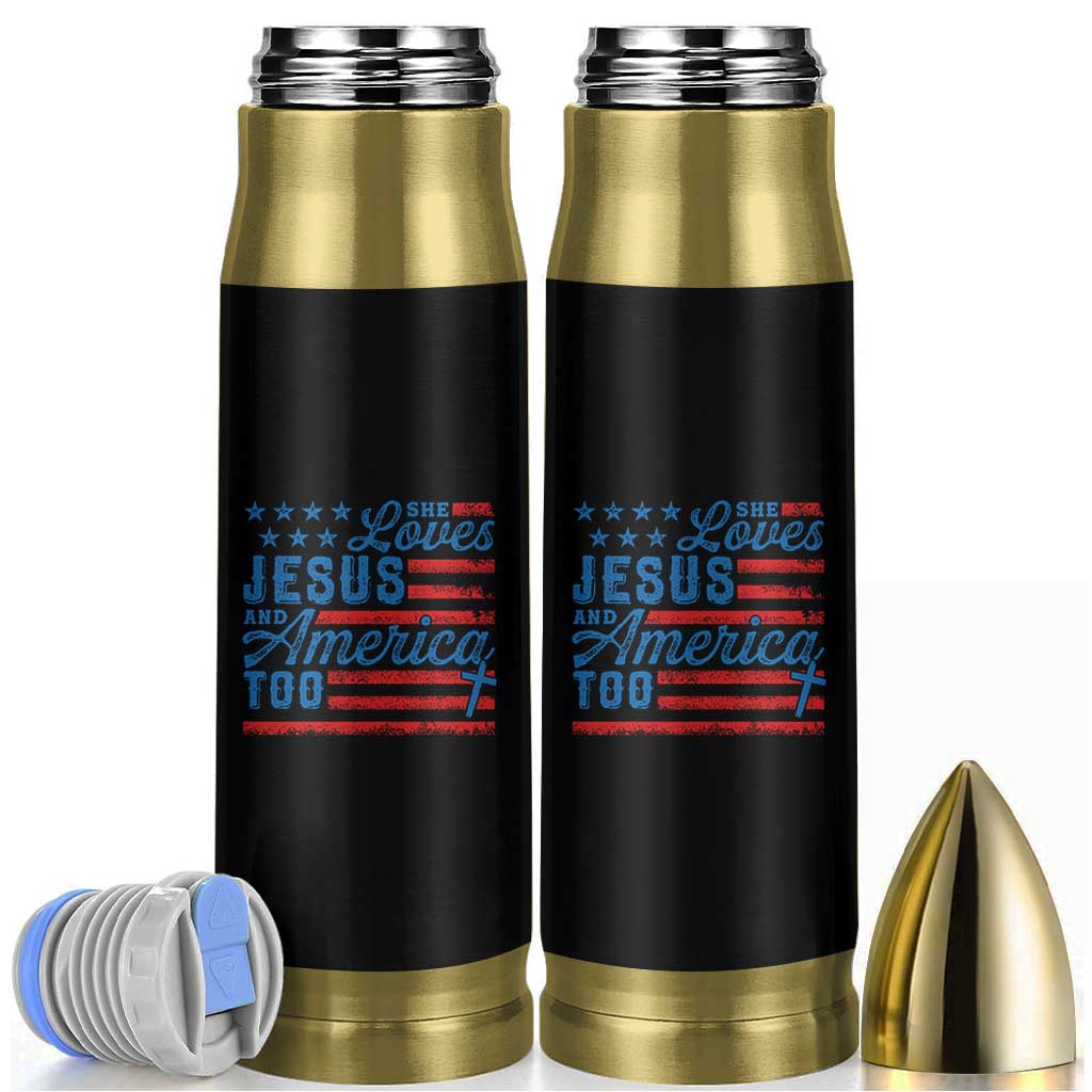 Funny She Loves Jesus And America Too Bullet Tumbler 4th Of July Christian American Flag - Wonder Print Shop