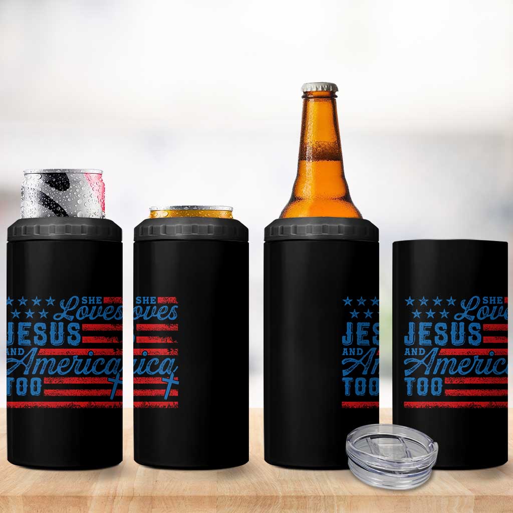 Funny She Loves Jesus And America Too 4 in 1 Can Cooler Tumbler 4th Of July Christian American Flag - Wonder Print Shop