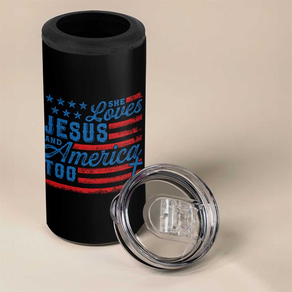 Funny She Loves Jesus And America Too 4 in 1 Can Cooler Tumbler 4th Of July Christian American Flag - Wonder Print Shop