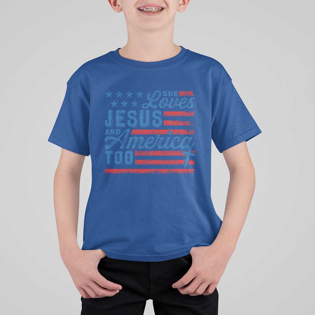 Funny She Loves Jesus And America Too T Shirt For Kid 4th Of July Christian American Flag - Wonder Print Shop