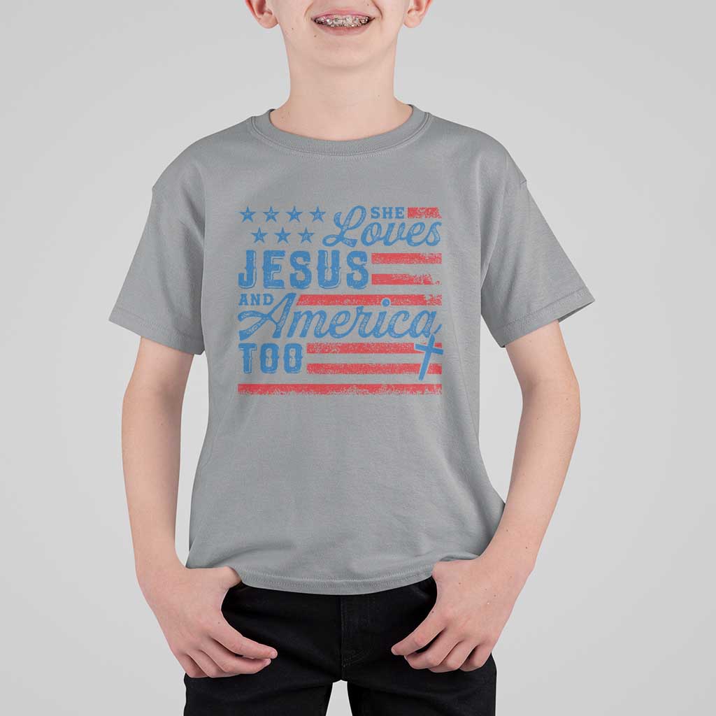 Funny She Loves Jesus And America Too T Shirt For Kid 4th Of July Christian American Flag - Wonder Print Shop