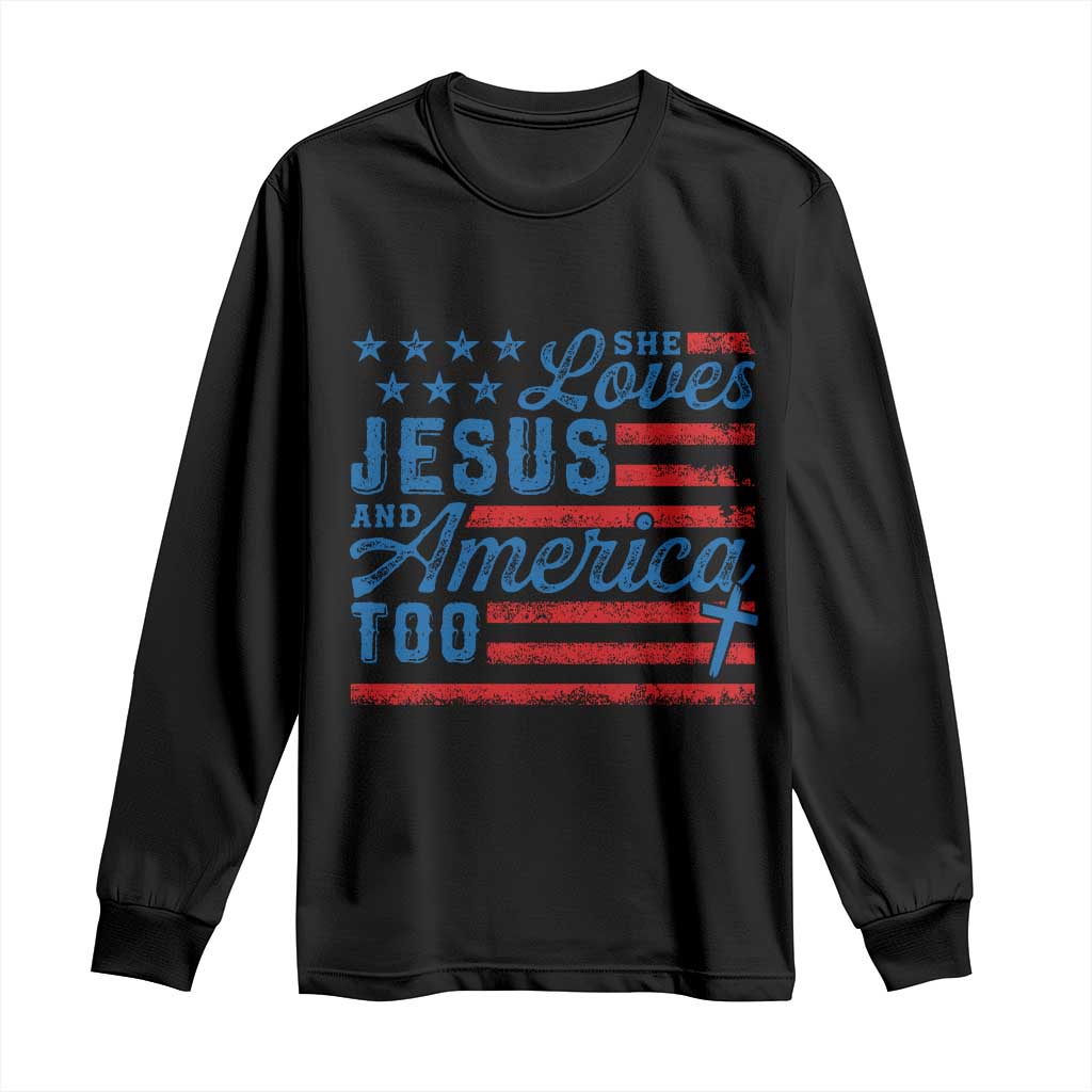 Funny She Loves Jesus And America Too Long Sleeve Shirt 4th Of July Christian American Flag - Wonder Print Shop