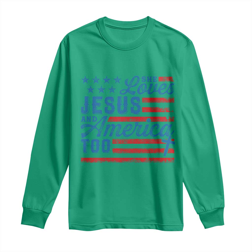 Funny She Loves Jesus And America Too Long Sleeve Shirt 4th Of July Christian American Flag - Wonder Print Shop