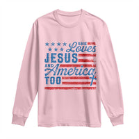 Funny She Loves Jesus And America Too Long Sleeve Shirt 4th Of July Christian American Flag - Wonder Print Shop