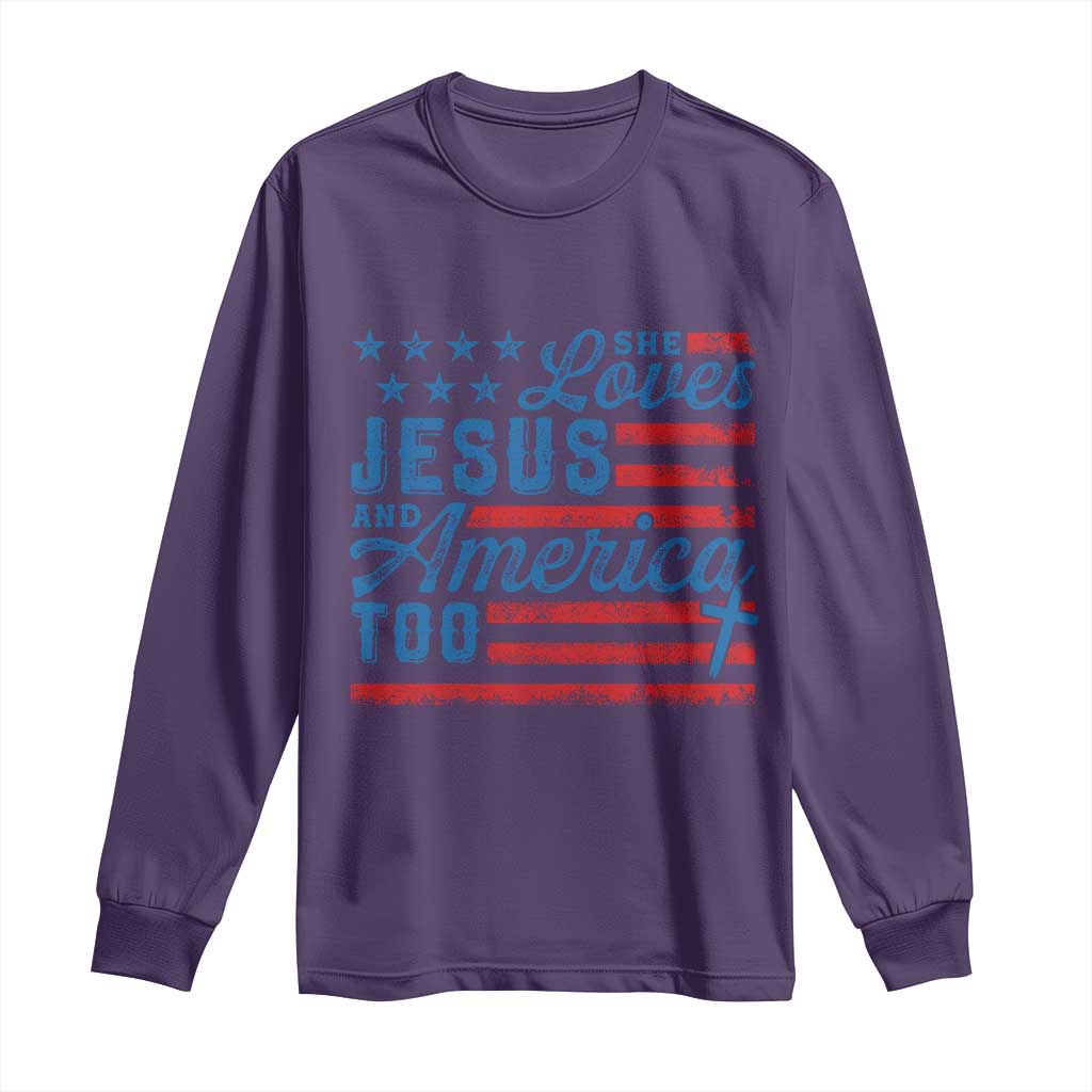 Funny She Loves Jesus And America Too Long Sleeve Shirt 4th Of July Christian American Flag - Wonder Print Shop