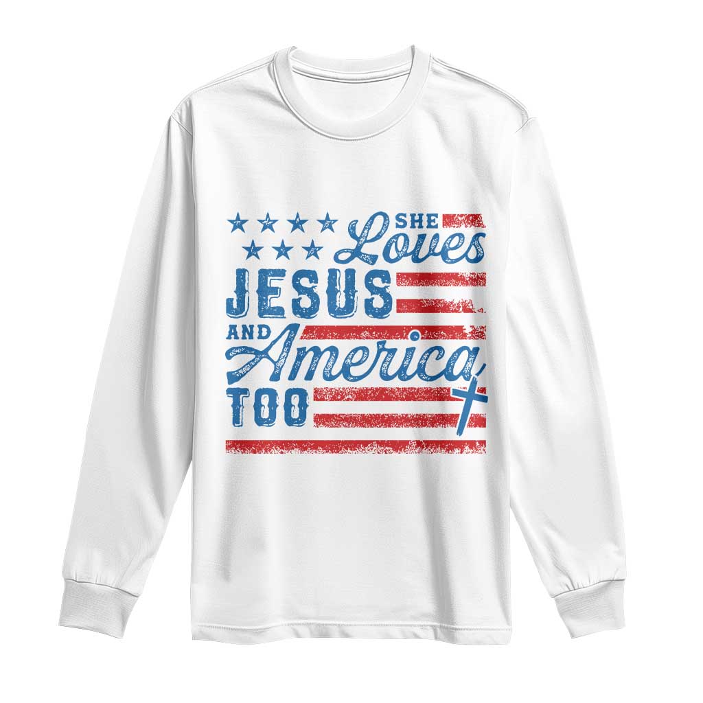 Funny She Loves Jesus And America Too Long Sleeve Shirt 4th Of July Christian American Flag - Wonder Print Shop