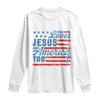Funny She Loves Jesus And America Too Long Sleeve Shirt 4th Of July Christian American Flag - Wonder Print Shop