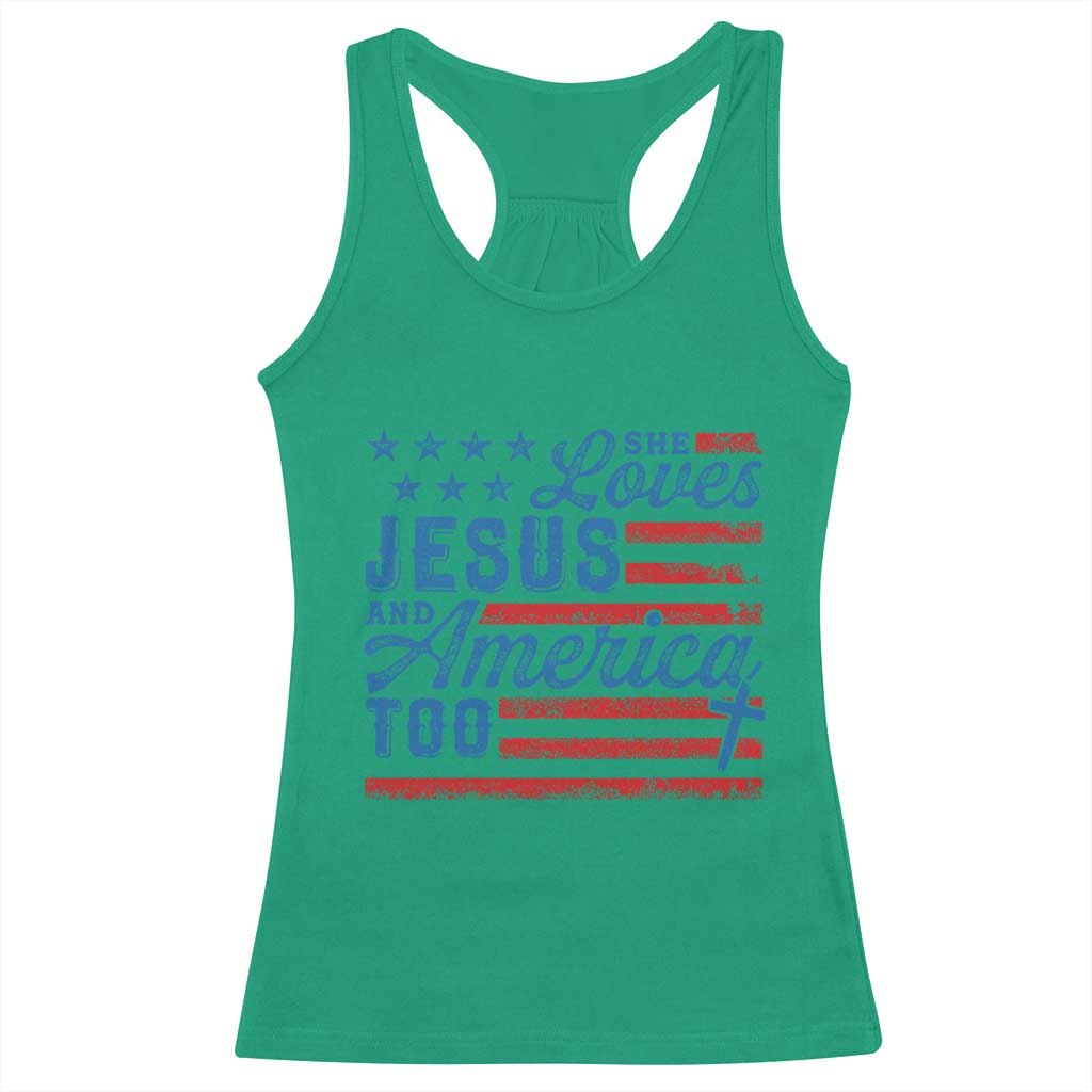 Funny She Loves Jesus And America Too Racerback Tank Top 4th Of July Christian American Flag - Wonder Print Shop