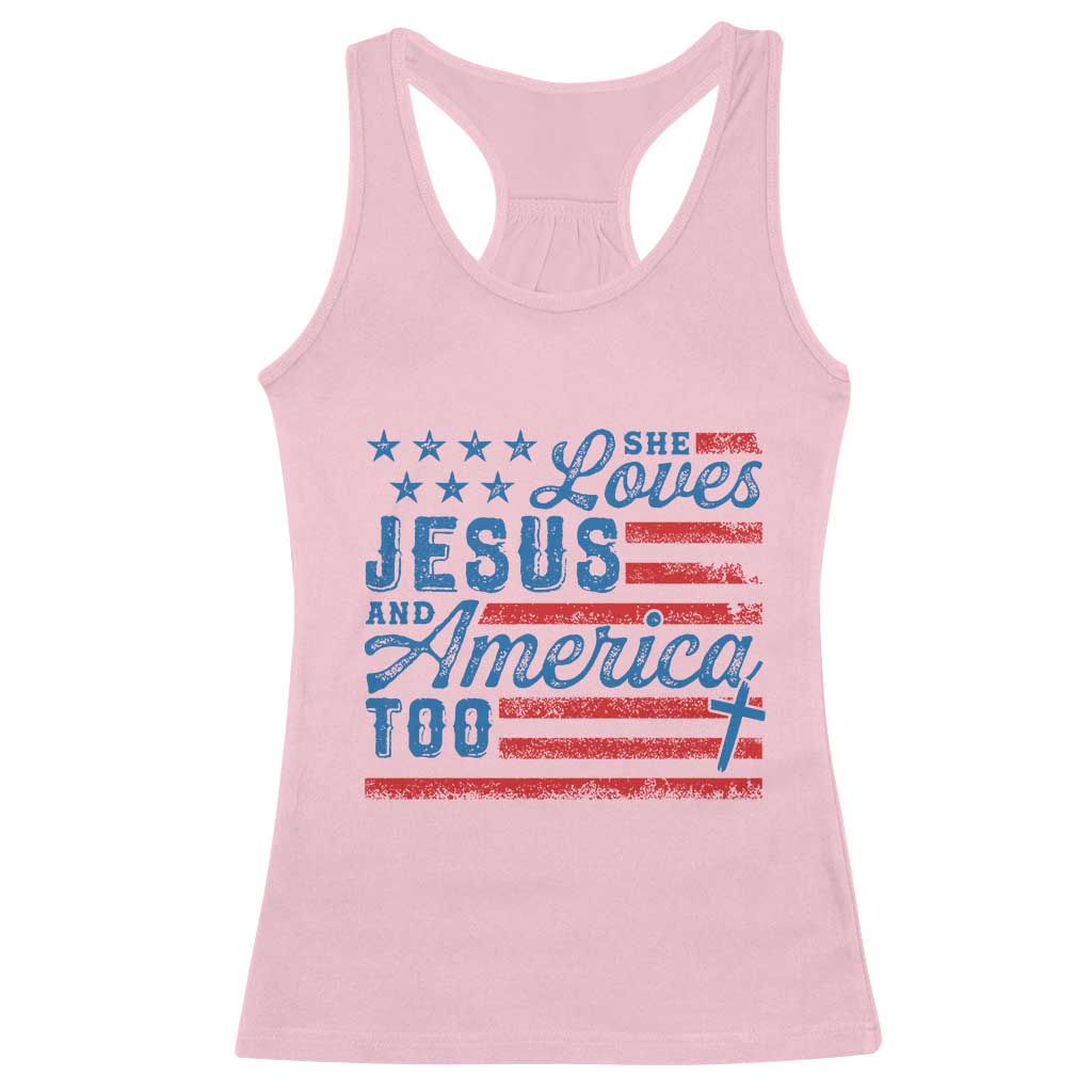Funny She Loves Jesus And America Too Racerback Tank Top 4th Of July Christian American Flag - Wonder Print Shop