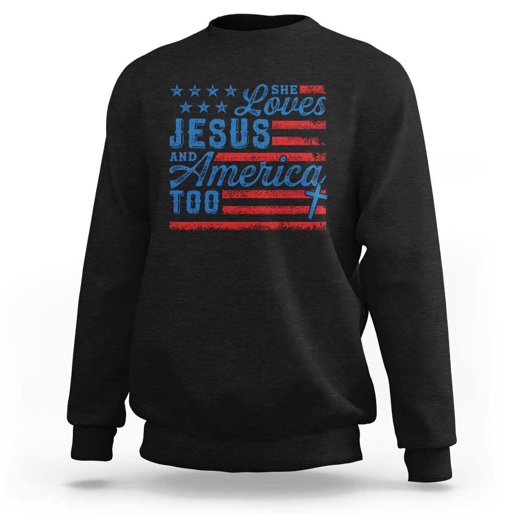 Funny She Loves Jesus And America Too Sweatshirt 4th Of July Christian American Flag - Wonder Print Shop