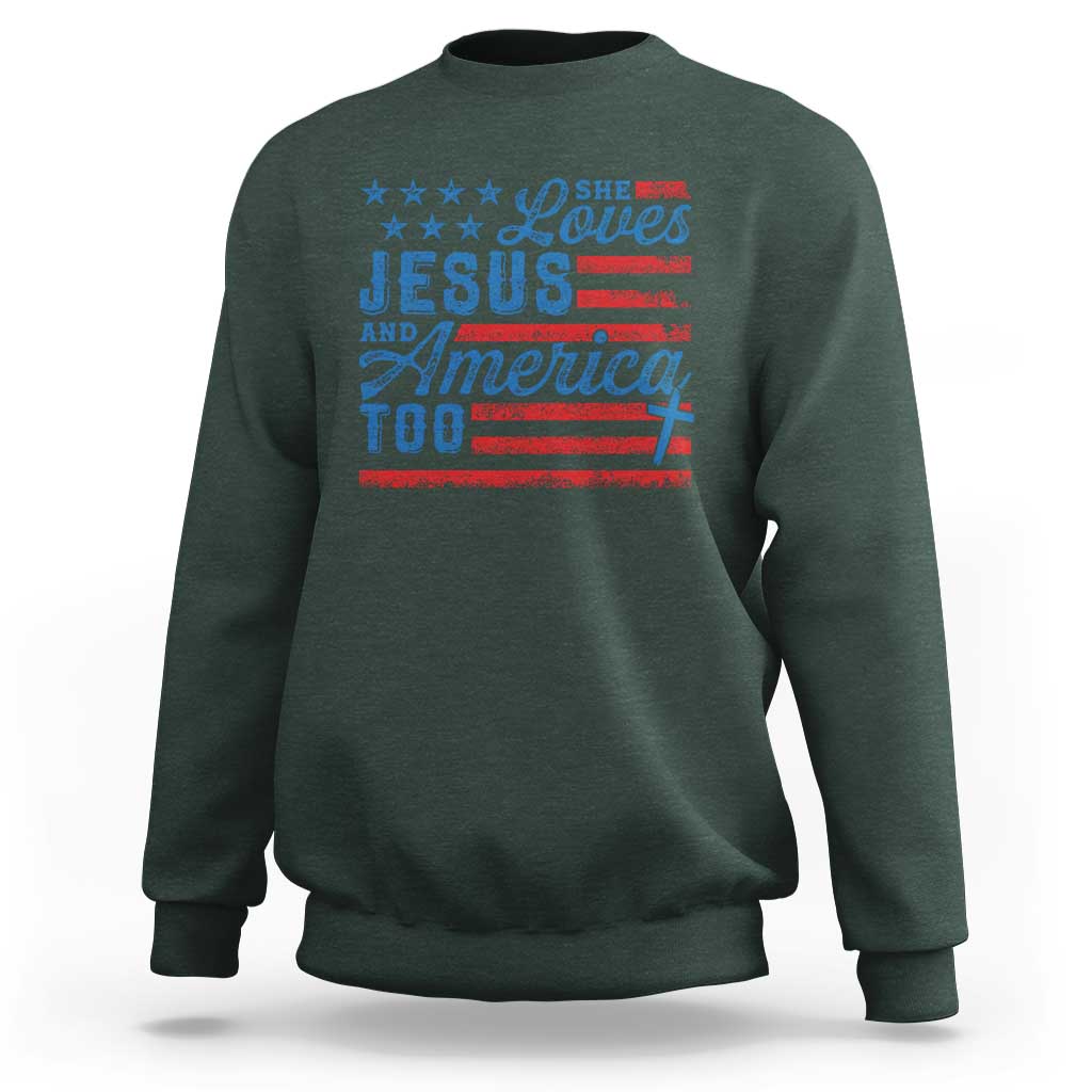 Funny She Loves Jesus And America Too Sweatshirt 4th Of July Christian American Flag - Wonder Print Shop