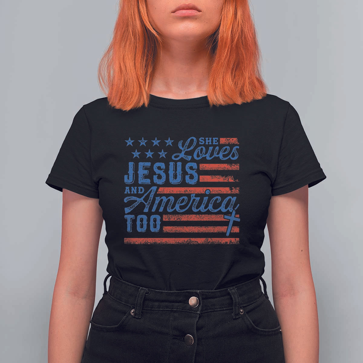 Funny She Loves Jesus And America Too T Shirt For Women 4th Of July Christian American Flag - Wonder Print Shop
