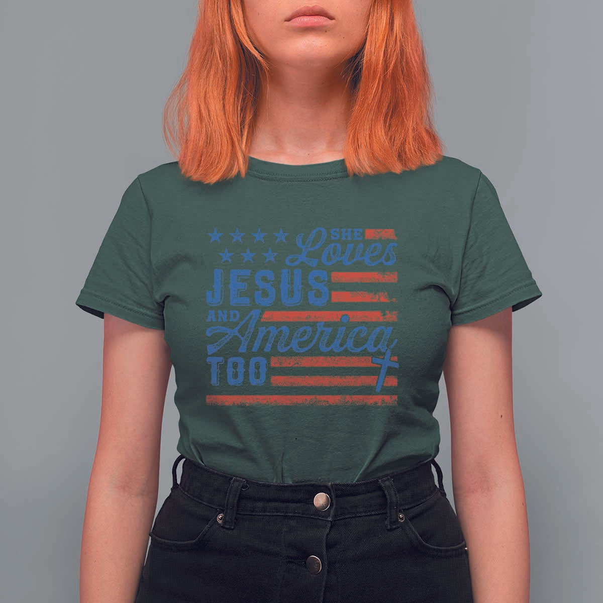 Funny She Loves Jesus And America Too T Shirt For Women 4th Of July Christian American Flag - Wonder Print Shop