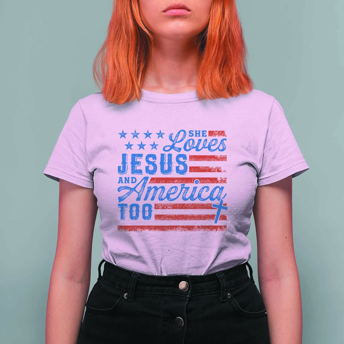 Funny She Loves Jesus And America Too T Shirt For Women 4th Of July Christian American Flag - Wonder Print Shop