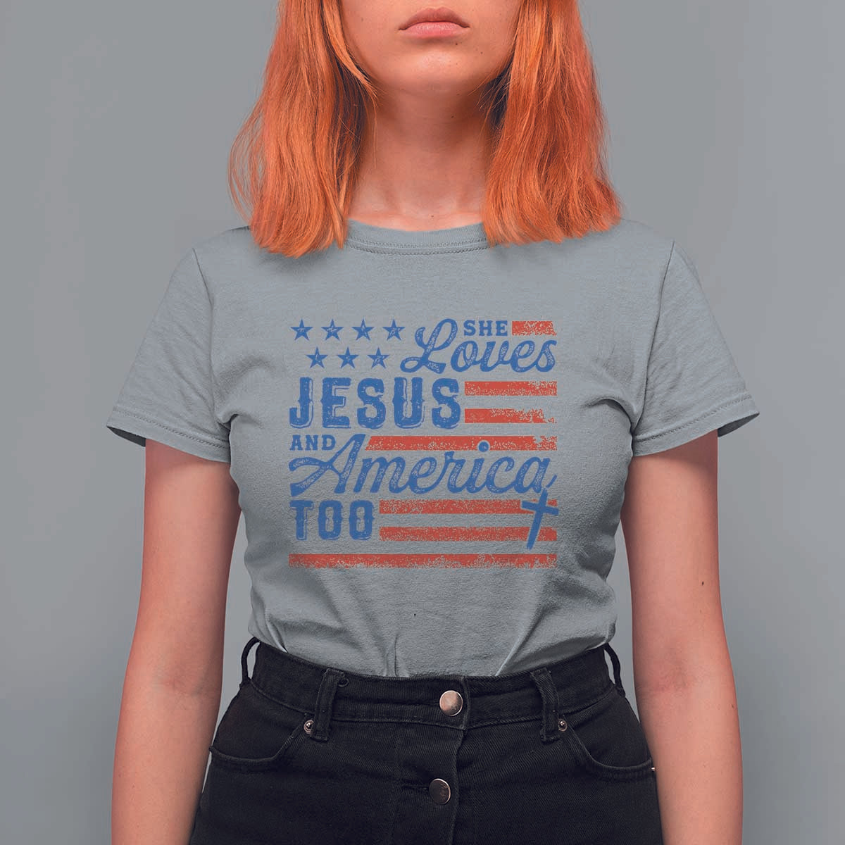 Funny She Loves Jesus And America Too T Shirt For Women 4th Of July Christian American Flag - Wonder Print Shop