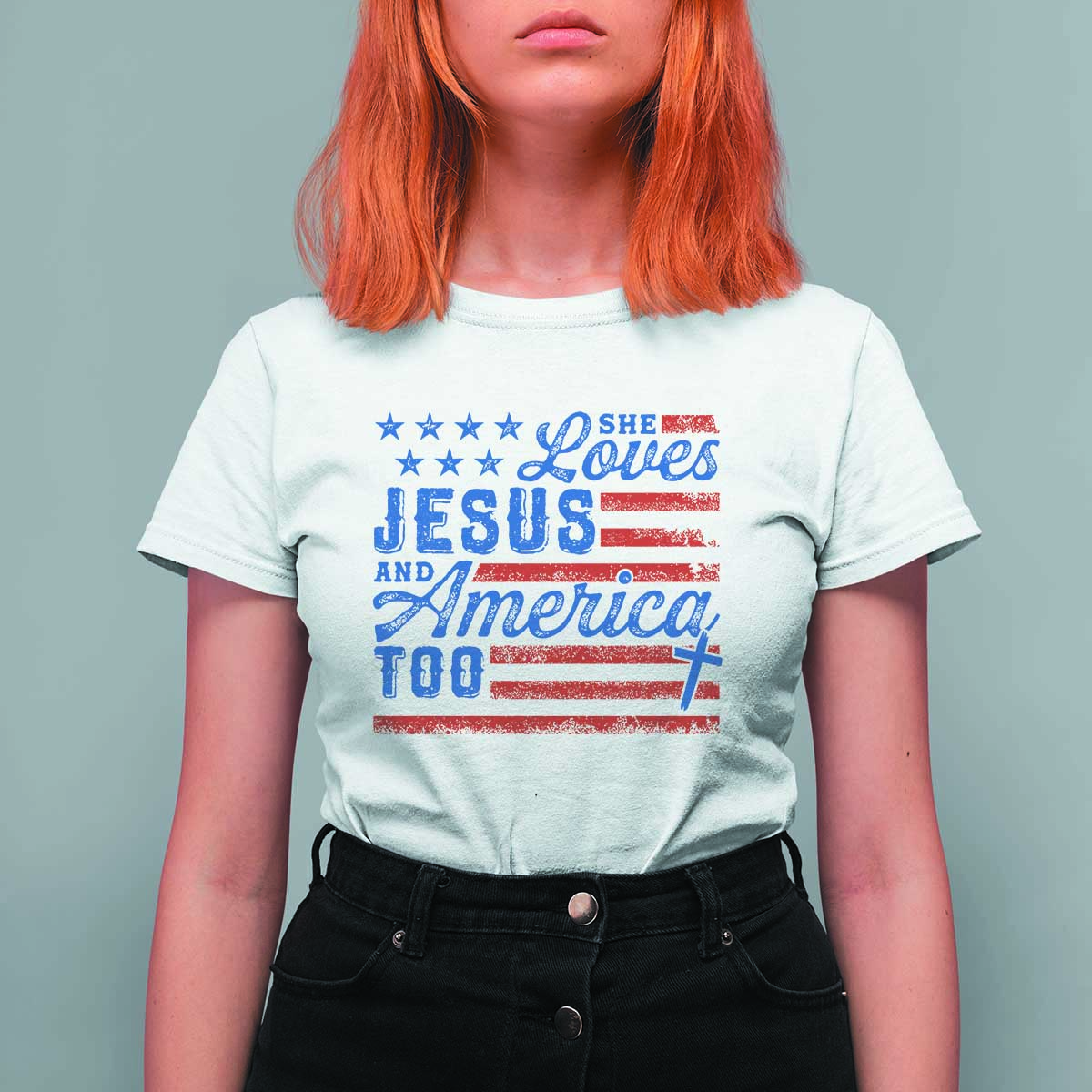Funny She Loves Jesus And America Too T Shirt For Women 4th Of July Christian American Flag - Wonder Print Shop