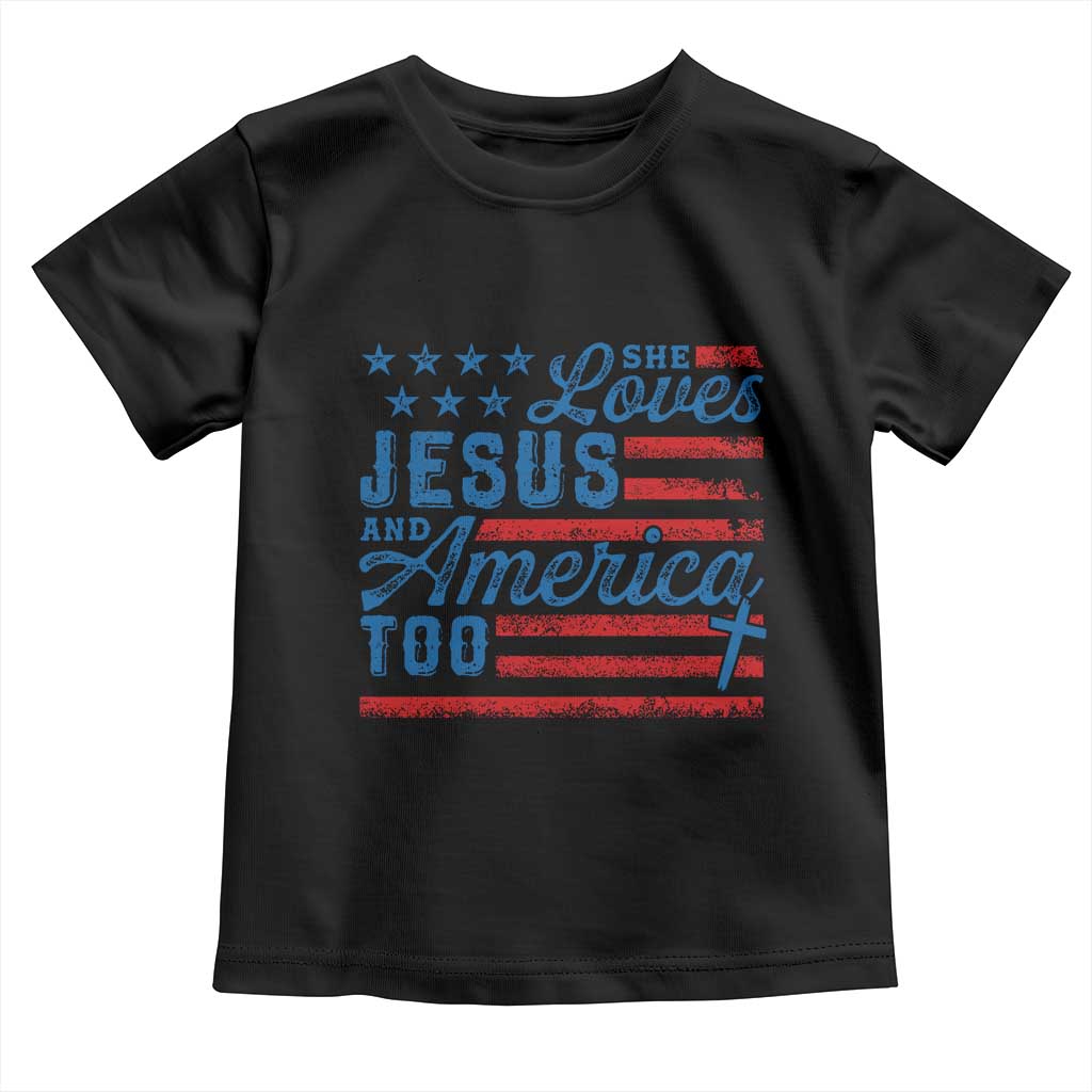 Funny She Loves Jesus And America Too Toddler T Shirt 4th Of July Christian American Flag - Wonder Print Shop