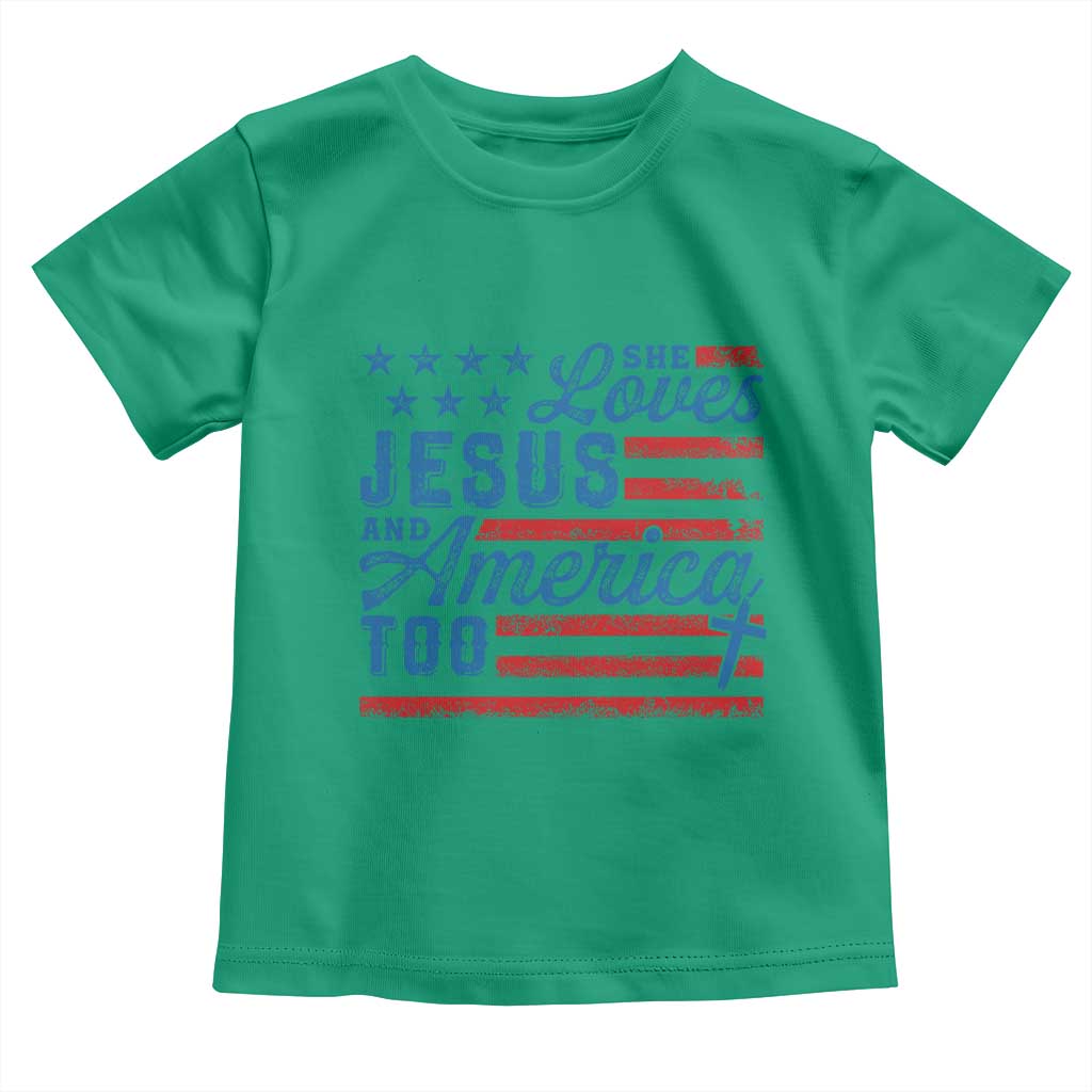 Funny She Loves Jesus And America Too Toddler T Shirt 4th Of July Christian American Flag - Wonder Print Shop