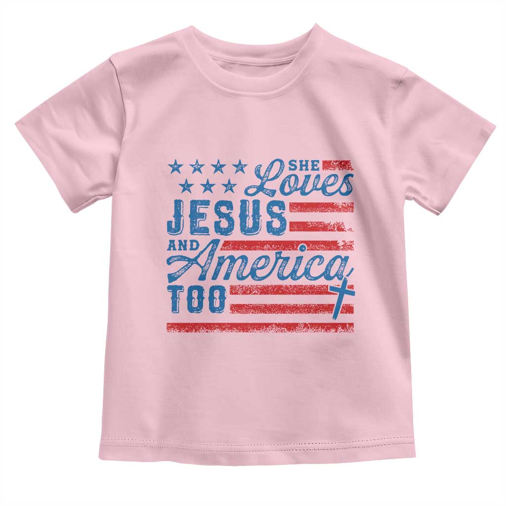 Funny She Loves Jesus And America Too Toddler T Shirt 4th Of July Christian American Flag - Wonder Print Shop