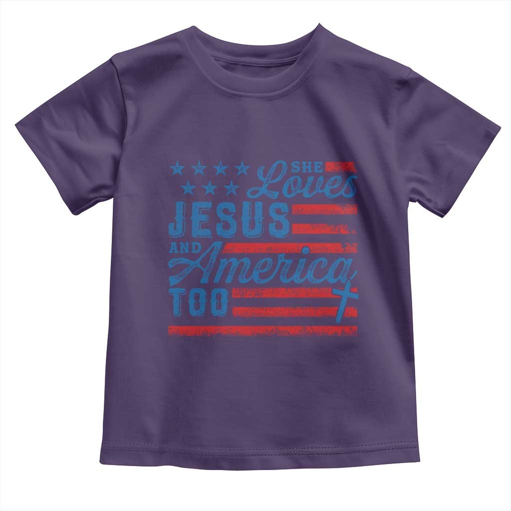 Funny She Loves Jesus And America Too Toddler T Shirt 4th Of July Christian American Flag - Wonder Print Shop
