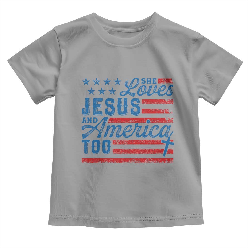 Funny She Loves Jesus And America Too Toddler T Shirt 4th Of July Christian American Flag - Wonder Print Shop