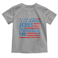 Funny She Loves Jesus And America Too Toddler T Shirt 4th Of July Christian American Flag - Wonder Print Shop