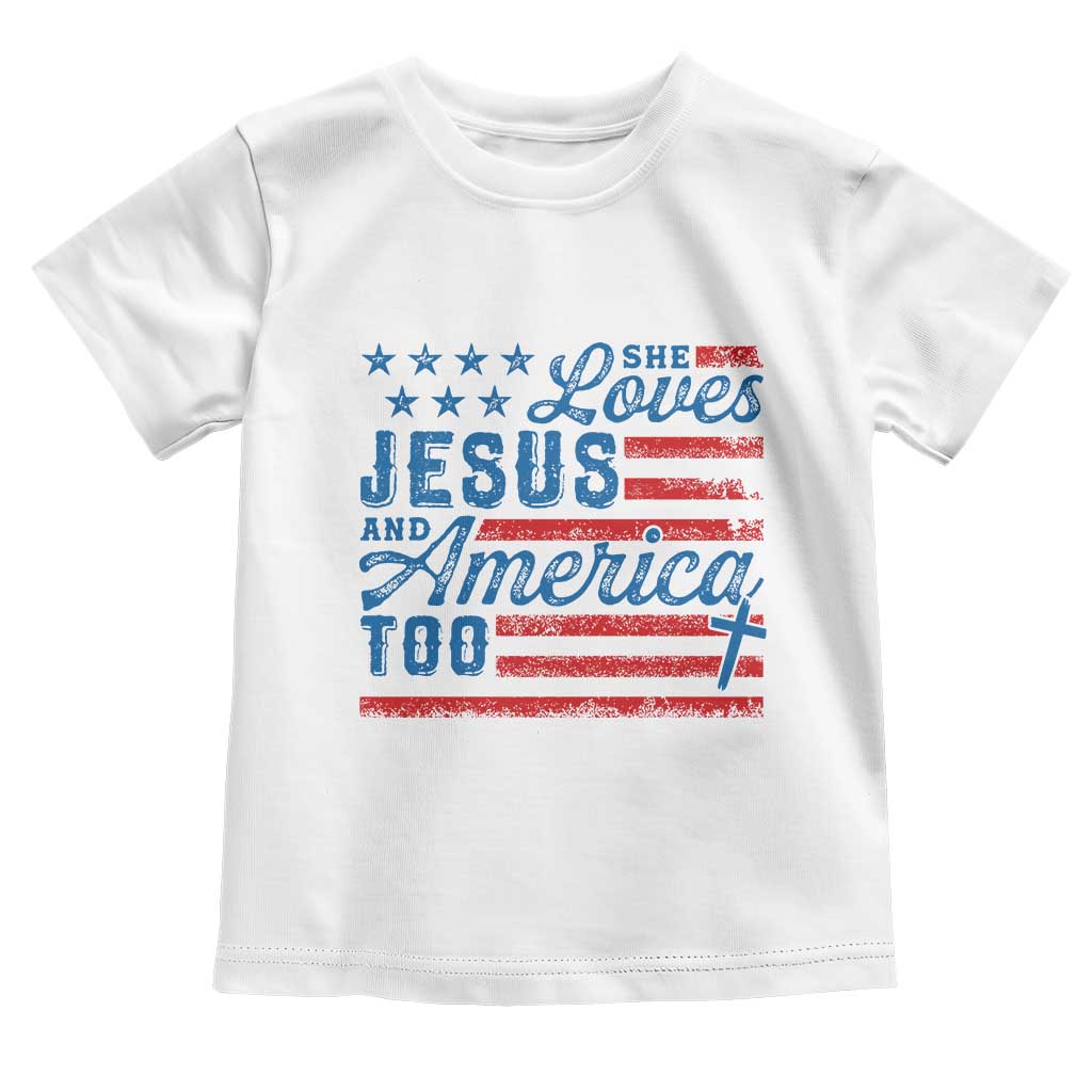 Funny She Loves Jesus And America Too Toddler T Shirt 4th Of July Christian American Flag - Wonder Print Shop