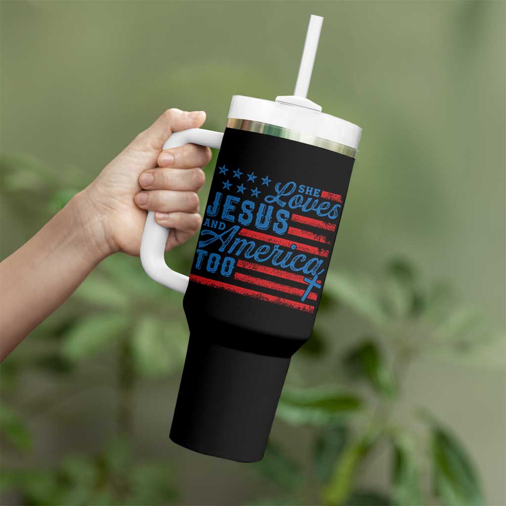 Funny She Loves Jesus And America Too Tumbler With Handle 4th Of July Christian American Flag - Wonder Print Shop