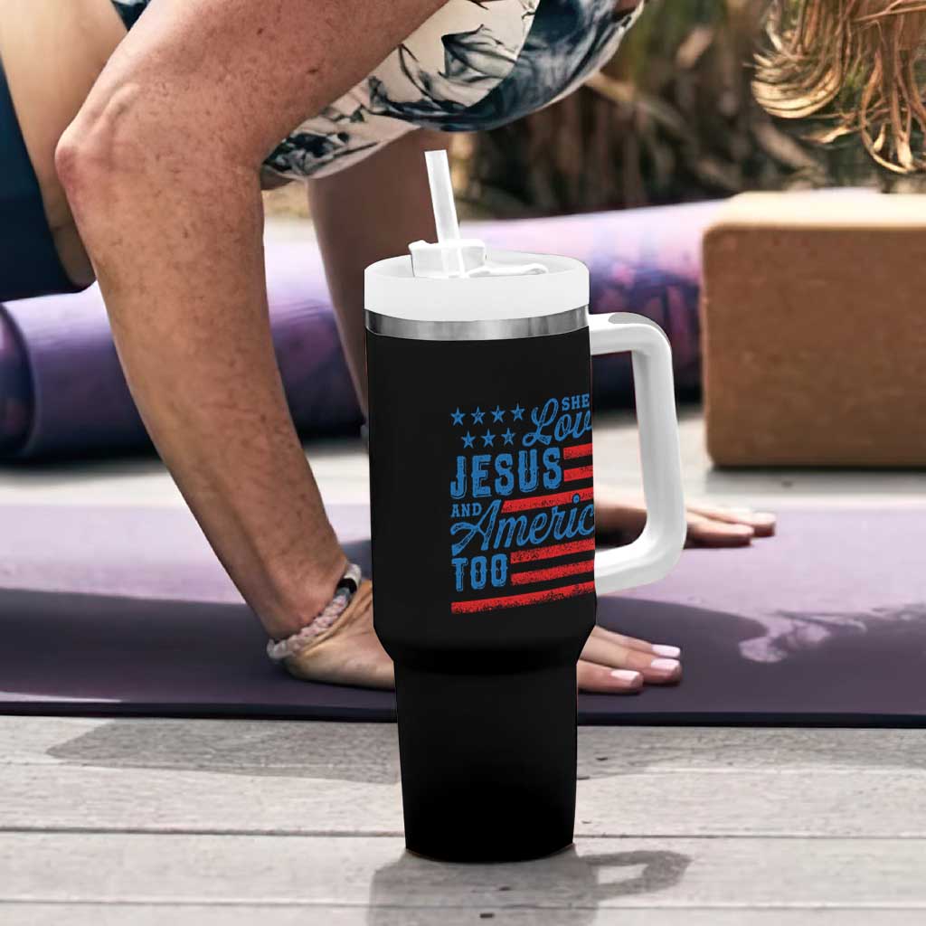 Funny She Loves Jesus And America Too Tumbler With Handle 4th Of July Christian American Flag - Wonder Print Shop