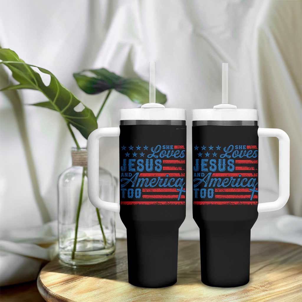 Funny She Loves Jesus And America Too Tumbler With Handle 4th Of July Christian American Flag - Wonder Print Shop