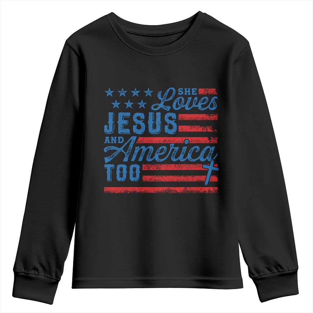 Funny She Loves Jesus And America Too Youth Sweatshirt 4th Of July Christian American Flag - Wonder Print Shop