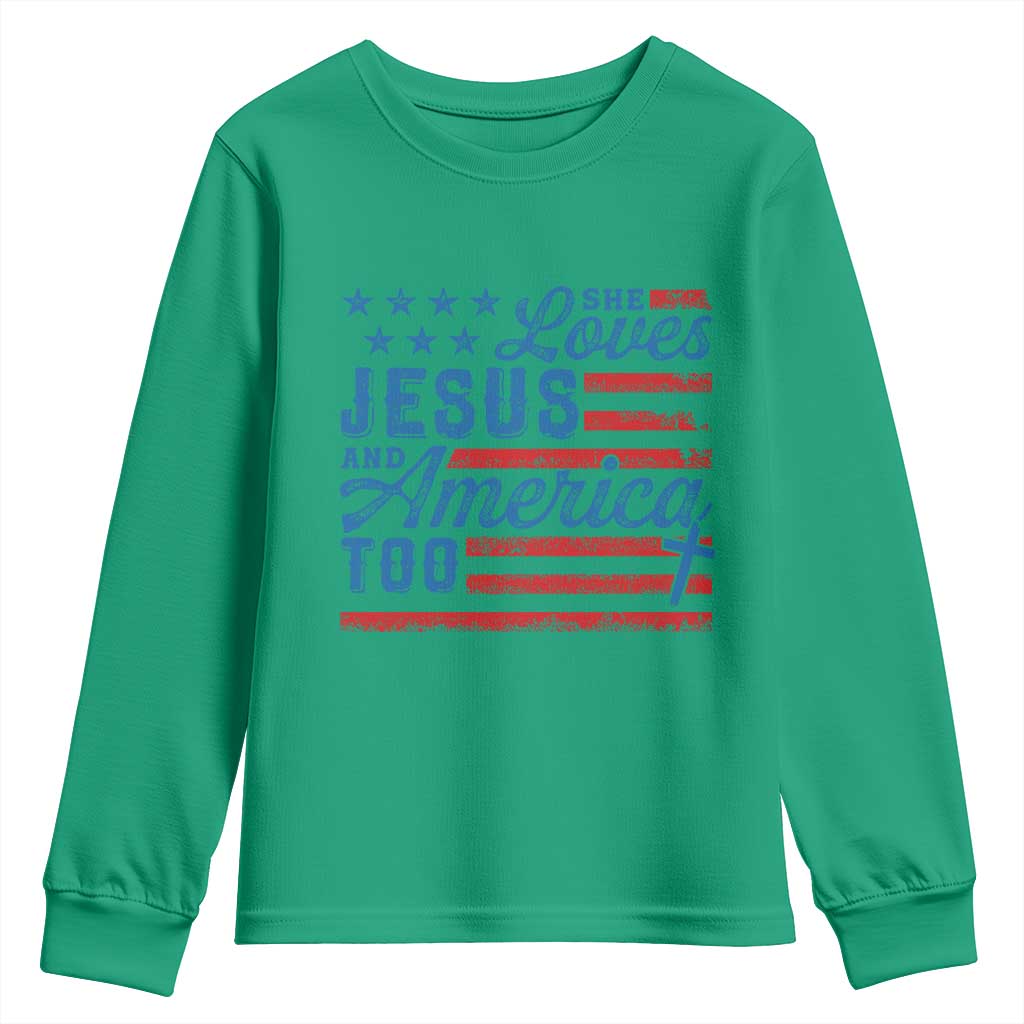 Funny She Loves Jesus And America Too Youth Sweatshirt 4th Of July Christian American Flag - Wonder Print Shop