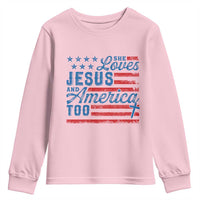 Funny She Loves Jesus And America Too Youth Sweatshirt 4th Of July Christian American Flag - Wonder Print Shop