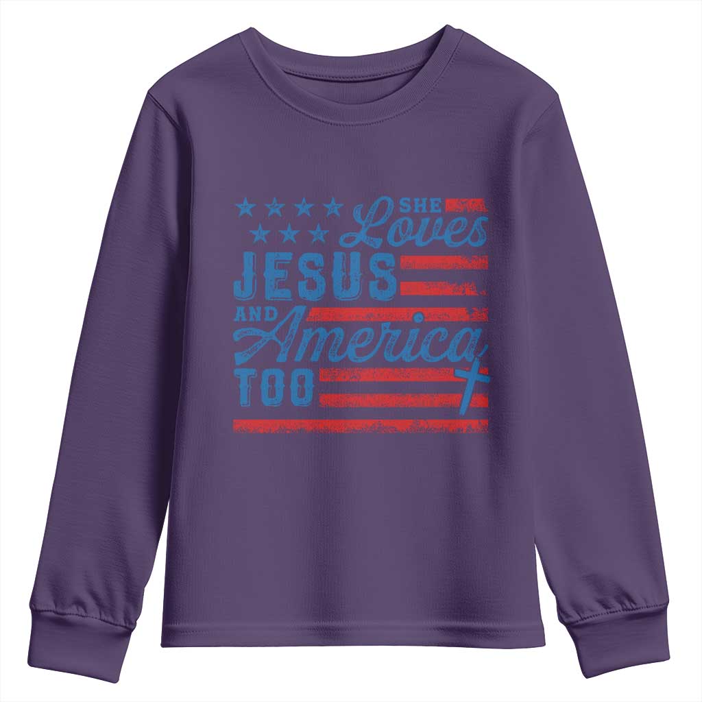 Funny She Loves Jesus And America Too Youth Sweatshirt 4th Of July Christian American Flag - Wonder Print Shop
