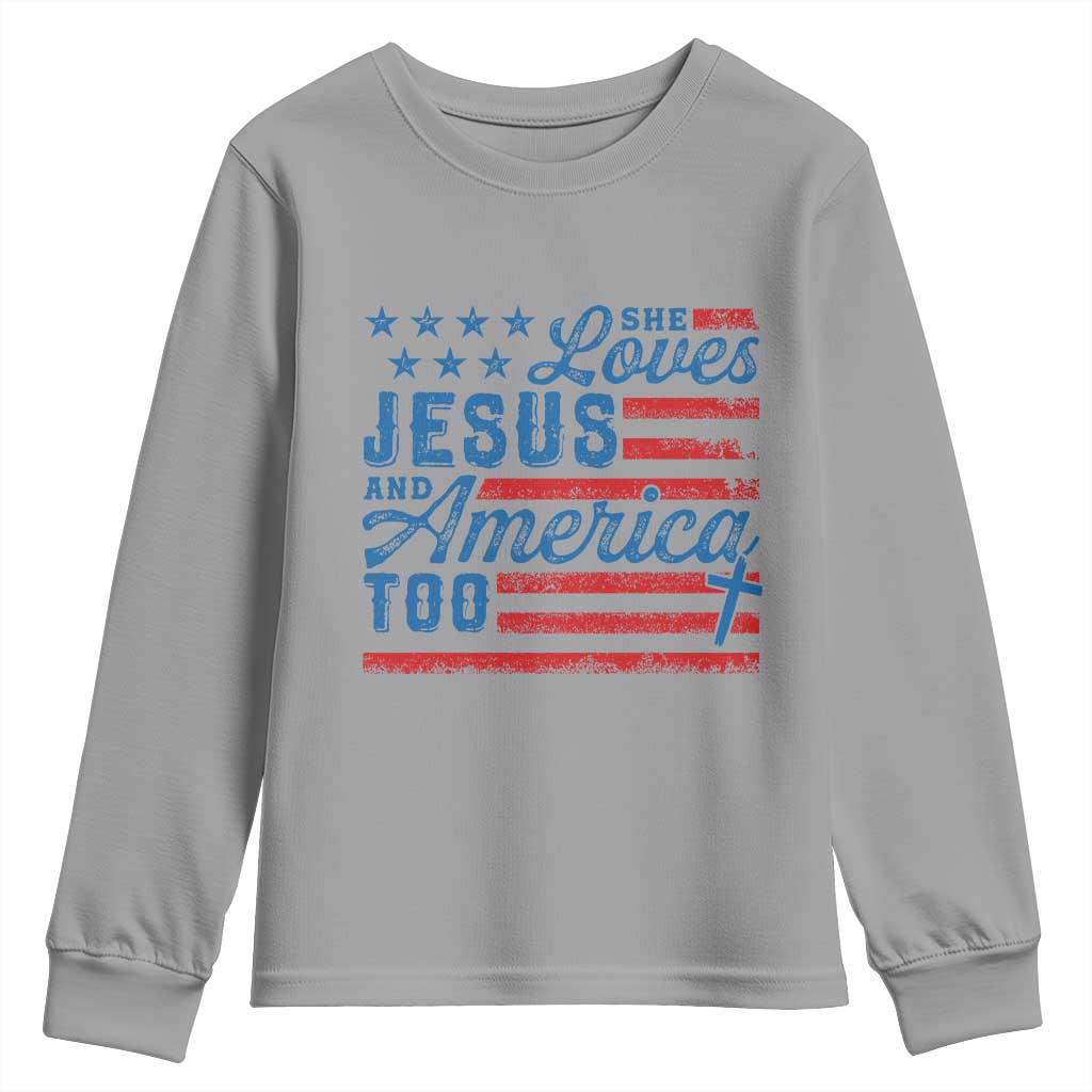 Funny She Loves Jesus And America Too Youth Sweatshirt 4th Of July Christian American Flag - Wonder Print Shop