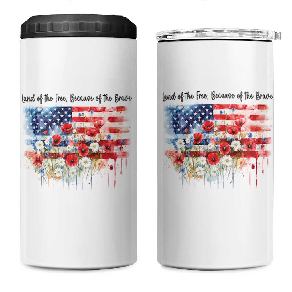 Funny 4th Of July Land Of The Free Because Of The Brave 4 in 1 Can Cooler Tumbler American Flag Flowers - Wonder Print Shop