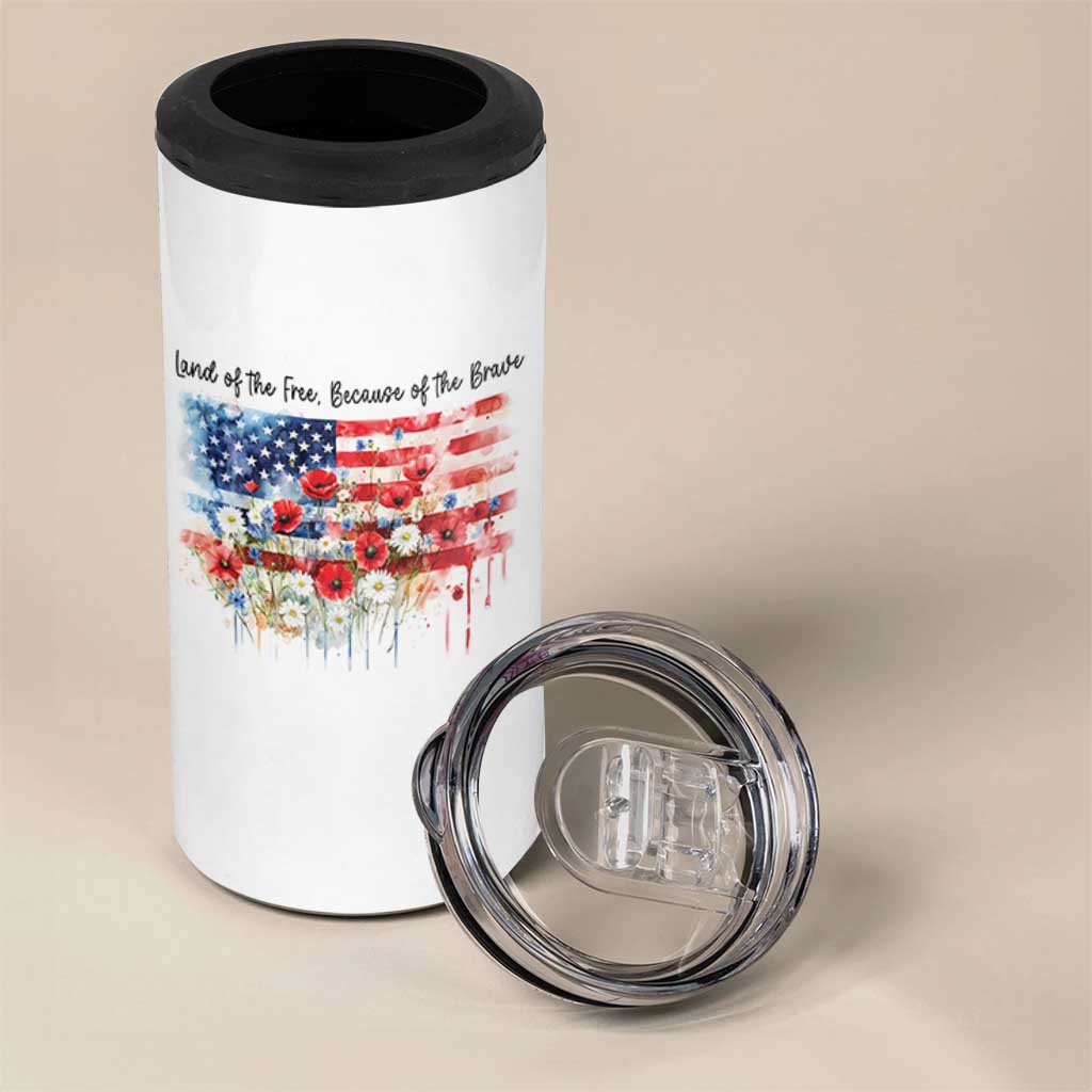 Funny 4th Of July Land Of The Free Because Of The Brave 4 in 1 Can Cooler Tumbler American Flag Flowers - Wonder Print Shop