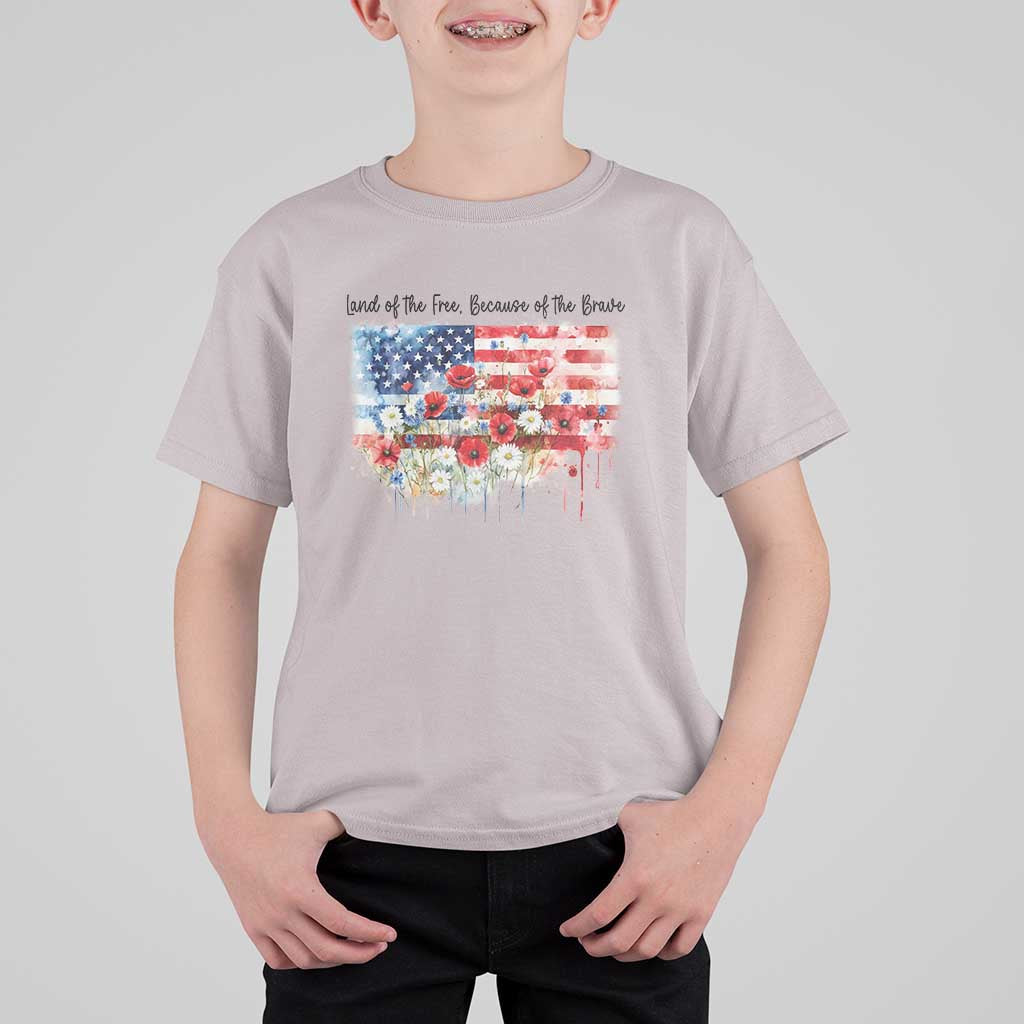 Funny 4th Of July Land Of The Free Because Of The Brave T Shirt For Kid American Flag Flowers - Wonder Print Shop